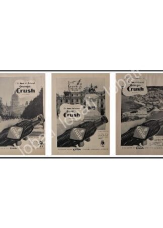 CARTEL ANTIGUO ORIGINAL DE 3 MINI CARTELES REFRESCOS ORANGE CRUSH 1940s LUGARES DEL MUNDO