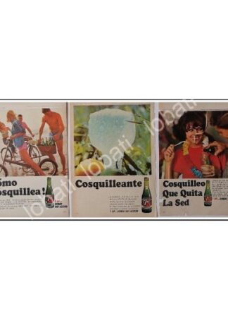 CARTEL ANTIGUO ORIGINAL DE SET DE 3 MINI CARTELES REFRESCOS 7up 1966