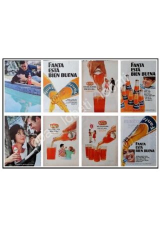 CARTEL ANTIGUO ORIGINAL DE SET DE 8 AFICHES REFRESCOS FANTA Y ORANGE CRUSH 1960s 70s