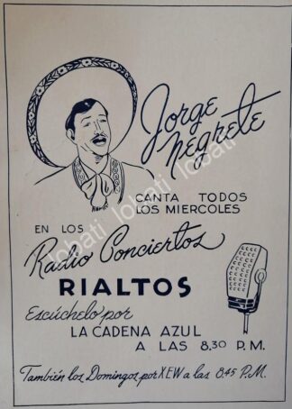 CARTEL ANTIGUO ORIGINAL DE JORGE NEGRETE Y CIGARROS RIALITOS 1953 XEW RADIO / SUPER RARO