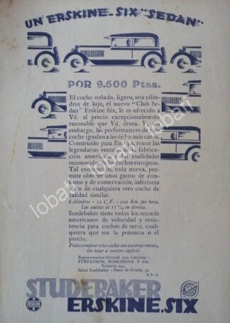 CARTEL ANTIGUO ORIGINAL DE AUTOS STUDEBAKER ERSKINE SIX CLUB SEDAN 1926 /130