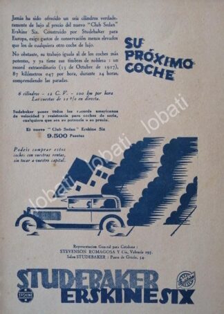 CARTEL ANTIGUO ORIGINAL DE AUTOS STUDEBAKER ERSKINE SIX CLUB SEDAN 1926 /129 /RARO