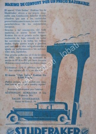 CARTEL ANTIGUO ORIGINAL DE AUTOS STUDEBAKER ERSKINE SIX CLUB SEDAN 1926 /128 /RARO