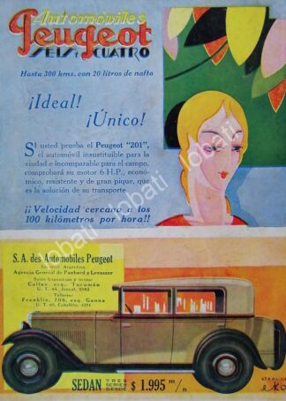 CARTEL ANTIGUO ORIGINAL DE AUTOS PEUGEOT SEIS CUATRO 1926 / ART NOUVEAU
