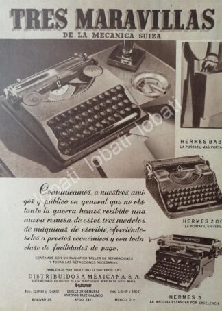 CARTEL ANTIGUO ORIGINAL DE MAQUINAS DE ESCRIBIR HERMES 1940s /30 RUIZ GALINDO