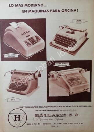 CARTEL ANTIGUO ORIGINAL DE MAQUINAS PARA OFICINA HALLARES S.A 1950s /23/RARO