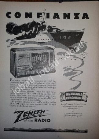 CARTEL ANTIGUO ORIGINAL DE MINI CARTEL. RADIO TRANS OCEANICO ZENITH 1940s SEGUNDA GUERRA MUNDIAL /52