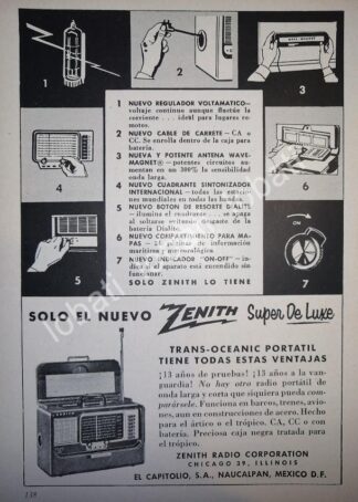 CARTEL ANTIGUO ORIGINAL DE MINI CARTEL. RADIO TRANS OCEANICO ZENITH 1940s /51
