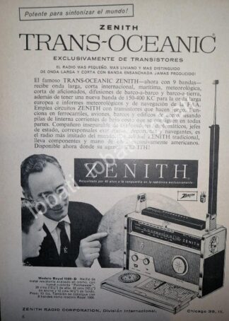 CARTEL ANTIGUO ORIGINAL DE MINI CARTEL. RADIO TRANS OCEANICO ZENITH 1950s /48
