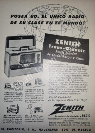 CARTEL ANTIGUO ORIGINAL DE MINI CARTEL. RADIO TRANS OCEANICO ZENITH 1940s /47