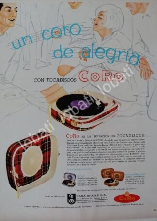 CARTEL ANTIGUO ORIGINAL DE TOCA DISCOS CORO 1960s. CASA RIOJAS S.A /151 MUY RARO