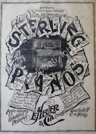 CARTEL ANTIGUO ORIGINAL DE PIANOS STERLING 1895. E. HEUER Y CIA. / 143 MUY RARO
