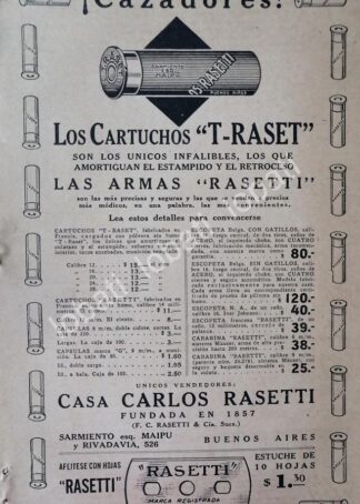 CARTEL ANTIGUO ORIGINAL DE ARMAS Y CARTUCHOS T-RASET 1927 /ARGENTINA 111