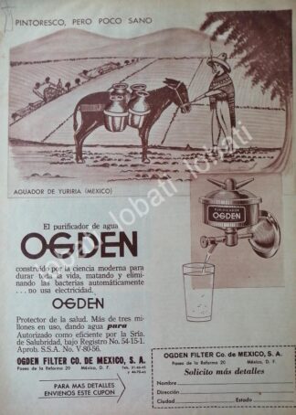 CARTEL ANTIGUO ORIGINAL DE PURIFICADORA DE AGUA OGDEN S.A 1959 /109 SUPER RARO