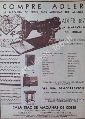CARTEL ANTIGUO ORIGINAL DE MAQUINAS DE COSER ADLER 1953 /104, CASA DIAZ DE MAQUINAS