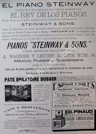 CARTEL ANTIGUO ORIGINAL DE PIANOS STEINWAY 1896 CASA WAGNER Y LEVIEN Y OTRAS /88