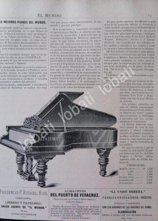 CARTEL ANTIGUO ORIGINAL DE PIANOS STEINWAY 1895 CASA WAGNER Y LEVIEN /87