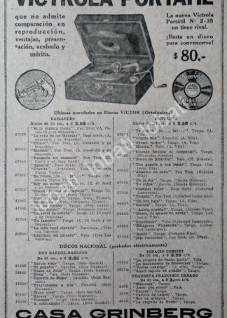 CARTEL ANTIGUO ORIGINAL DE GRAMOFONO VICTROLA VICTOR PORTATIL 1920s /71