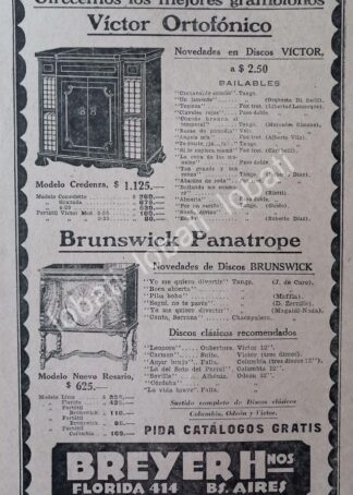 CARTEL ANTIGUO ORIGINAL DE VICTROLAS VICTOR & BRUNSWICK 1927 /70