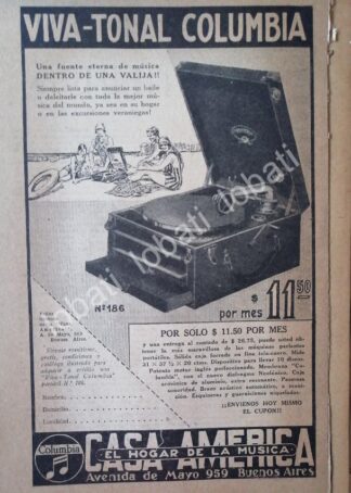 CARTEL ANTIGUO ORIGINAL DE GRAMOFONO COLUMBIA VIVA TONAL, 1927 ARGENTINA /65