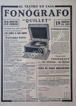 CARTEL ANTIGUO ORIGINAL DE FONOGRAFO QUILLET 1920s /55