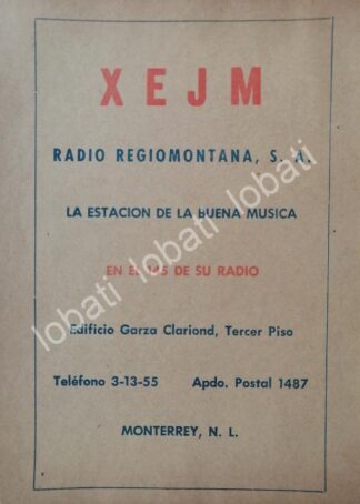 CARTEL ANTIGUO ORIGINAL DE RADIO DIFUSORA XEJM RADIO MONTERREY 1960s /39