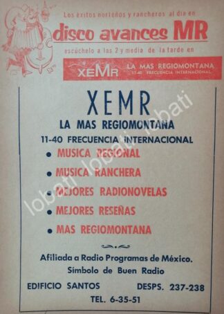 CARTEL ANTIGUO ORIGINAL DE RADIO DIFUSORA XENL RADIO RECUERDO MONTERREY 1950s /35