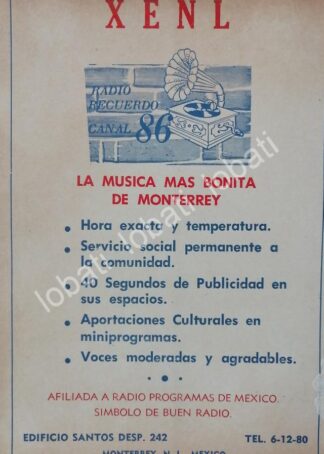 CARTEL ANTIGUO ORIGINAL DE RADIO DIFUSORA XENL RADIO RECUERDO MONTERREY 1950s /36