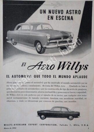 CARTEL ANTIGUO ORIGINAL DE AUTOS WILLYS AERO 1952 /260 MUY RARO