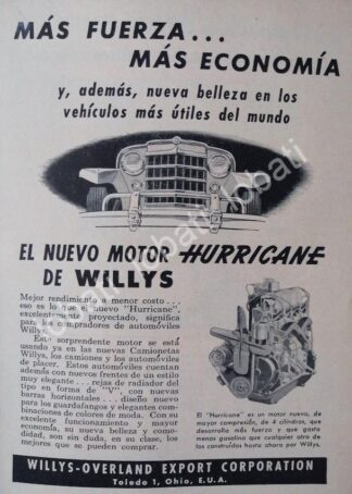 CARTEL ANTIGUO ORIGINAL DE MINI CARTEL AUTOS WILLYS MOTOR HURRICANE 1950s /256