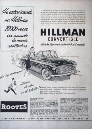 CARTEL ANTIGUO ORIGINAL DE AUTOS ROOTES HILLMAN CONVERTIBLE 1953 /219