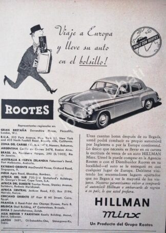 CARTEL ANTIGUO ORIGINAL DE MINI CARTEL AUTOS ROOTES HILLMAN MINX 1953 /216