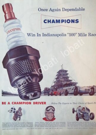 CARTEL ANTIGUO ORIGINAL DE BUJIAS CHAMPION Y EL PILOTO JOHNNY PARSONS 1950 /42 AF1