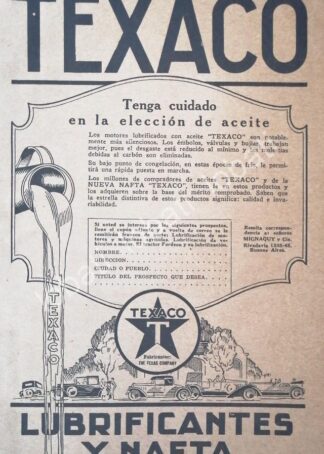 CARTEL ANTIGUO ORIGINAL DE ACEITES LUBRICANTES Y NAFTA TEXACO 1926 /16