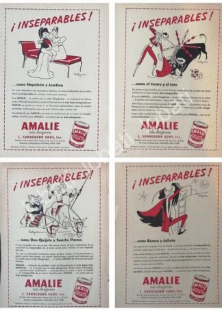 CARTEL ANTIGUO ORIGINAL DE SET DE 4 AFICHES, DIBUJOS DE JESUS HELGUERA , LUBRICANTES AMALIE 1952