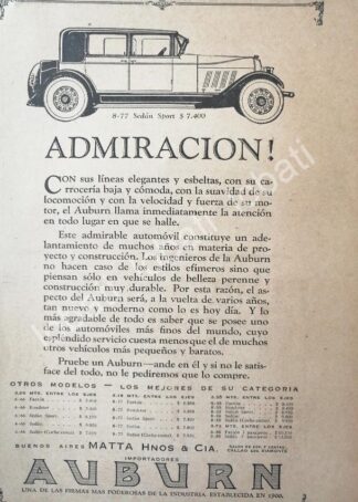 CARTEL ANTIGUO ORIGINAL DE AUTOS AUBURN SPORT 1926 /388 SUPER RARO