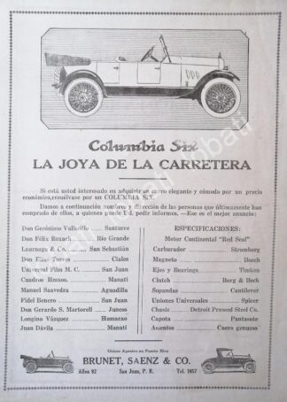 CARTEL ANTIGUO ORIGINAL DE AUTOS COLUMBIA SIX 1920 /386 MUY RARO