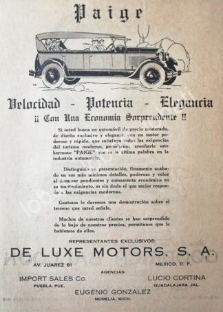 CARTEL ANTIGUO ORIGINAL DE AUTOS PAIGE 1926 DELUXE MOTORS /383 MUY RARO