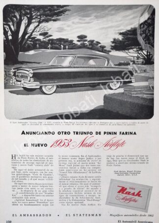CARTEL ANTIGUO ORIGINAL DE AUTOS NASH AIRFLYTE AMBASSADOR 1953 /358