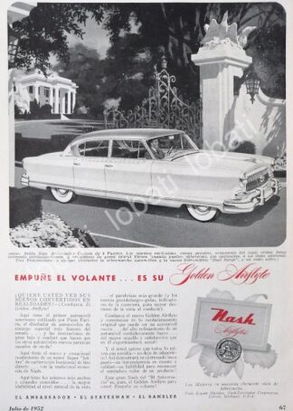 CARTEL ANTIGUO ORIGINAL DE AUTOS NASH AIRLYTE AMBASSADOR 1952 / RARO