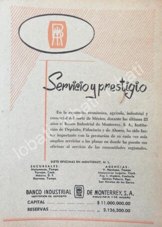 CARTEL ANTIGUO ORIGINAL DE BANCO INDUSTRIAL MONTERREY 1950s /259
