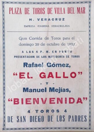 CARTEL ANTIGUO ORIGINAL DE PLAZA DE TOROS VILLA DEL MAR , VERACRUZ, 1922 /55 / MUY RARO