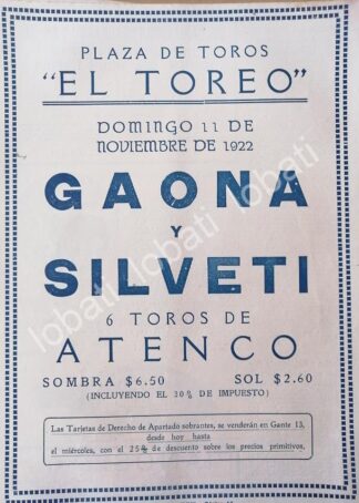 CARTEL ANTIGUO ORIGINAL DE PLAZA DE TOROS EL TOREO, 1922 GAONA Y SILVETI /53