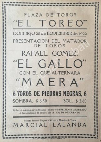 CARTEL ANTIGUO ORIGINAL DE CARTEL PLAZA DE TOROS EL TOREO, 1922 EL GALLO, LALANDA, /51