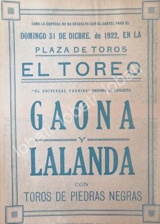 CARTEL ANTIGUO ORIGINAL DE CARTEL PLAZA DE TOROS EL TOREO, 1922 PROPUESTA DE CORRIDA /47