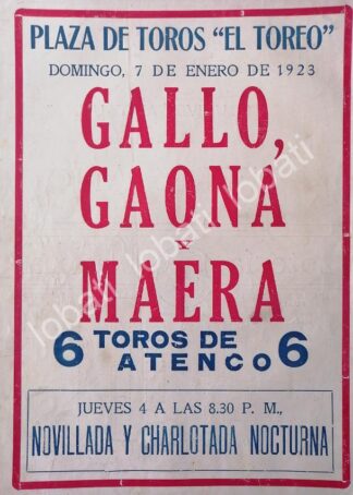 CARTEL ANTIGUO ORIGINAL DE CARTEL PLAZA DE TOROS EL TOREO, 1923 MAERA, GALLO, LALANDA /46
