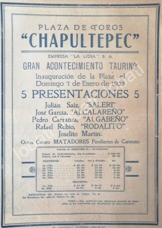 CARTEL ANTIGUO ORIGINAL DE INUGURACION DE LA PLAZA DE TOROS CHAPULTEPEC, 1923 /45