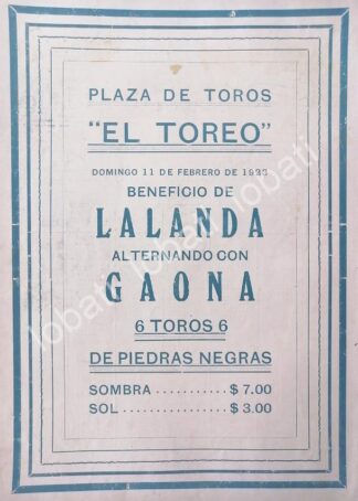 CARTEL ANTIGUO ORIGINAL DE CARTEL PLAZA DE TOROS EL TOREO, 1923 GAONA Y OTROS /40