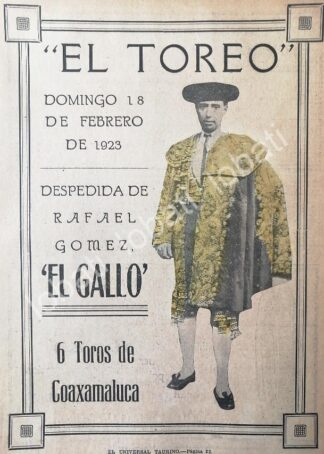 CARTEL ANTIGUO ORIGINAL DE CARTEL PLAZA DE TOROS EL TOREO, 1923 RAFAEL GOMEZ EL GALLO /39