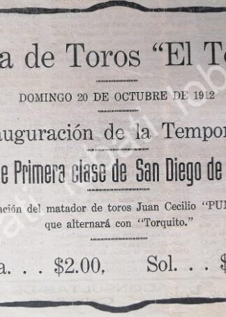 CARTEL ANTIGUO ORIGINAL DE CORRIDA DE TOROS, PLAZA DE TOROS EL TOREO 1912 /207